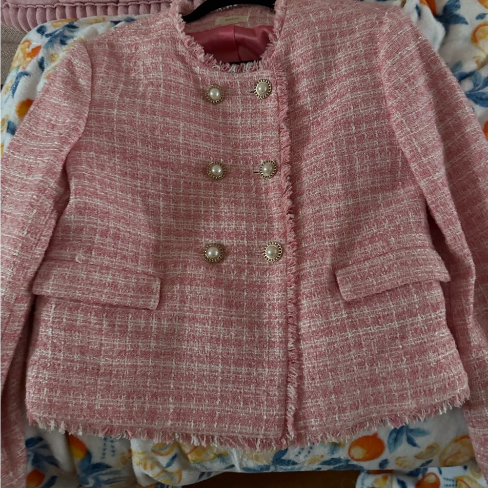 Girls Pink Tweed Pearl-Button blazer  pink tweed cropped jacket M